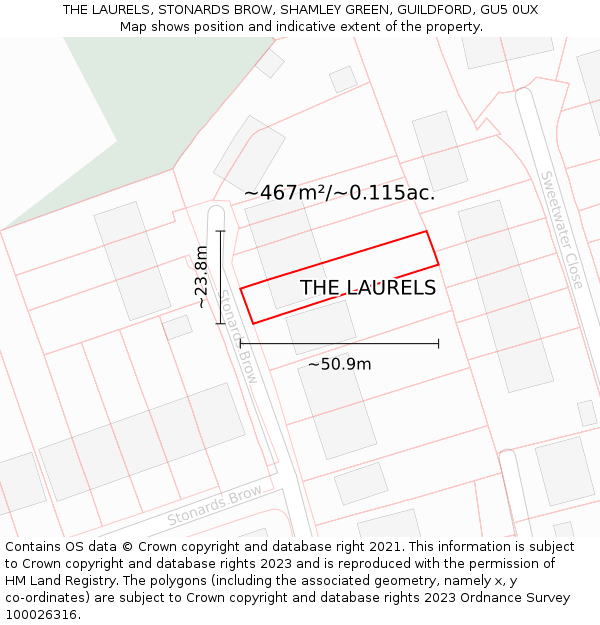 THE LAURELS, STONARDS BROW, SHAMLEY GREEN, GUILDFORD, GU5 0UX: Plot and title map