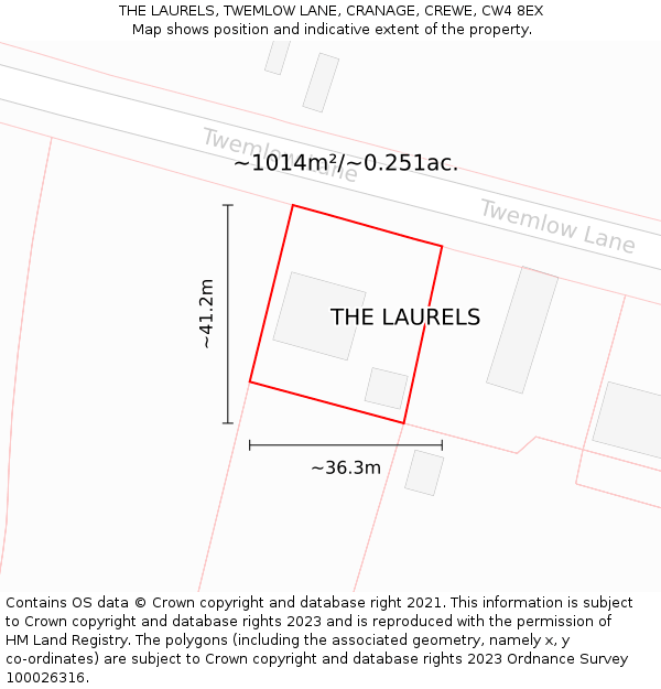 THE LAURELS, TWEMLOW LANE, CRANAGE, CREWE, CW4 8EX: Plot and title map