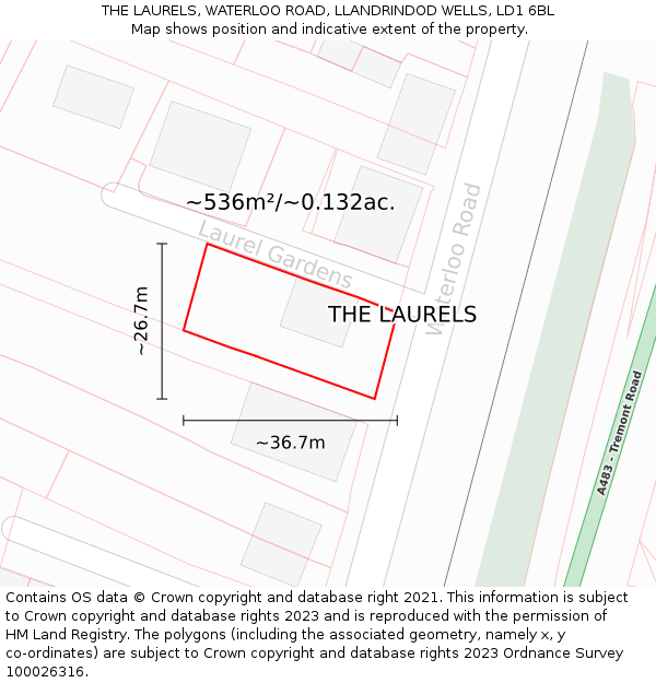 THE LAURELS, WATERLOO ROAD, LLANDRINDOD WELLS, LD1 6BL: Plot and title map