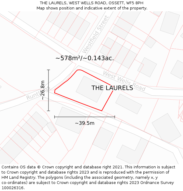 THE LAURELS, WEST WELLS ROAD, OSSETT, WF5 8PH: Plot and title map