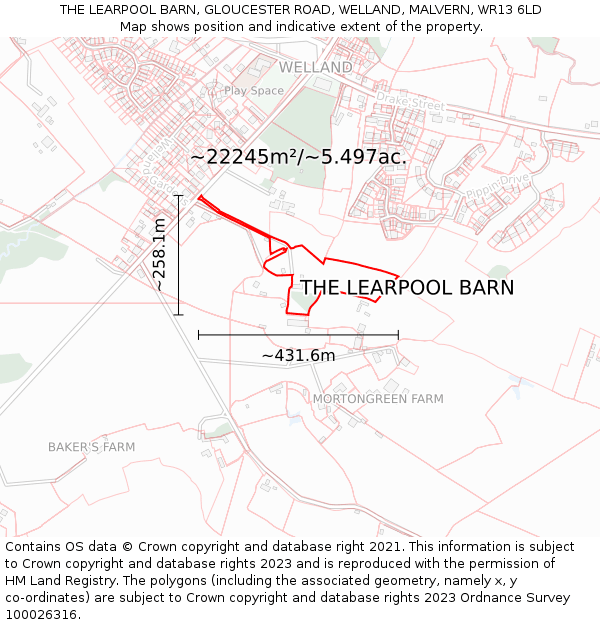 THE LEARPOOL BARN, GLOUCESTER ROAD, WELLAND, MALVERN, WR13 6LD: Plot and title map