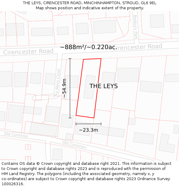 THE LEYS, CIRENCESTER ROAD, MINCHINHAMPTON, STROUD, GL6 9EL: Plot and title map