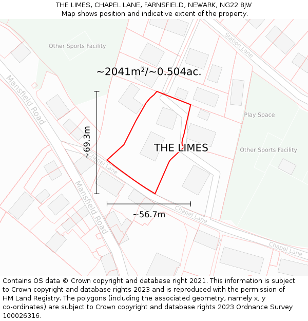 THE LIMES, CHAPEL LANE, FARNSFIELD, NEWARK, NG22 8JW: Plot and title map