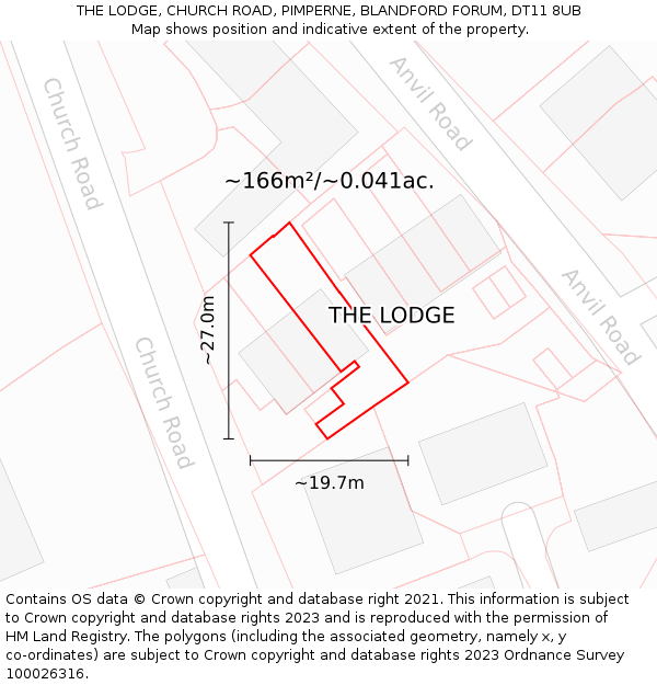 THE LODGE, CHURCH ROAD, PIMPERNE, BLANDFORD FORUM, DT11 8UB: Plot and title map