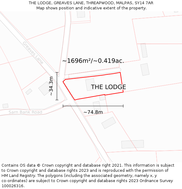 THE LODGE, GREAVES LANE, THREAPWOOD, MALPAS, SY14 7AR: Plot and title map