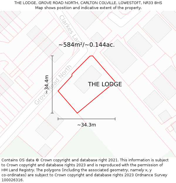 THE LODGE, GROVE ROAD NORTH, CARLTON COLVILLE, LOWESTOFT, NR33 8HS: Plot and title map