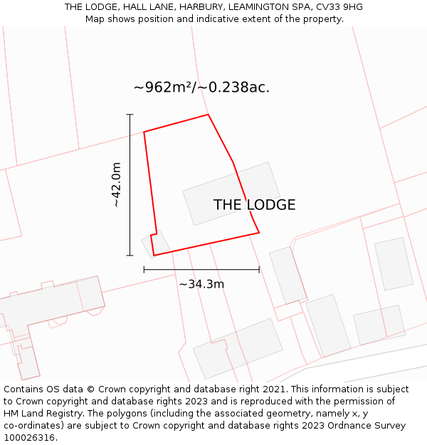THE LODGE, HALL LANE, HARBURY, LEAMINGTON SPA, CV33 9HG: Plot and title map