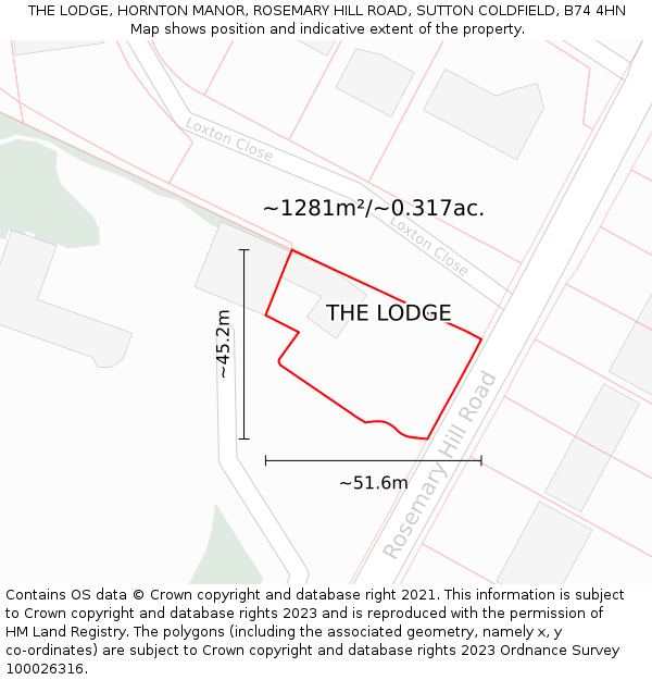THE LODGE, HORNTON MANOR, ROSEMARY HILL ROAD, SUTTON COLDFIELD, B74 4HN: Plot and title map
