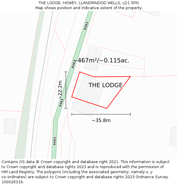 THE LODGE, HOWEY, LLANDRINDOD WELLS, LD1 5PN: Plot and title map