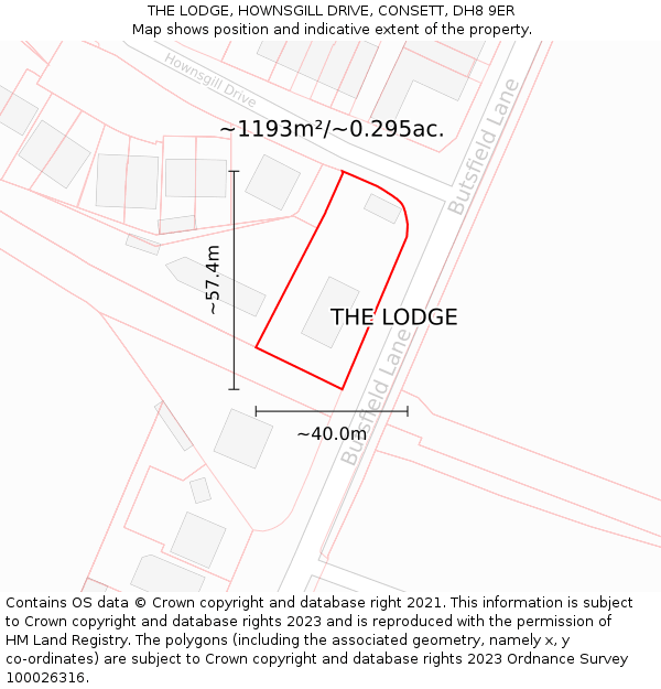 THE LODGE, HOWNSGILL DRIVE, CONSETT, DH8 9ER: Plot and title map