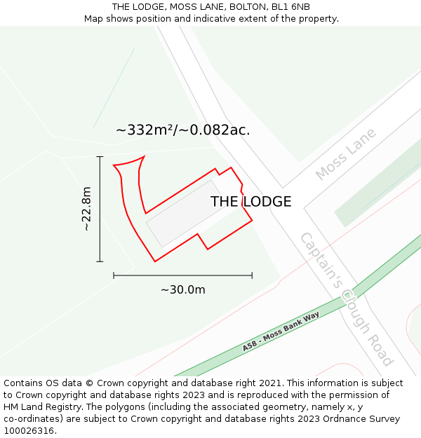 THE LODGE, MOSS LANE, BOLTON, BL1 6NB: Plot and title map