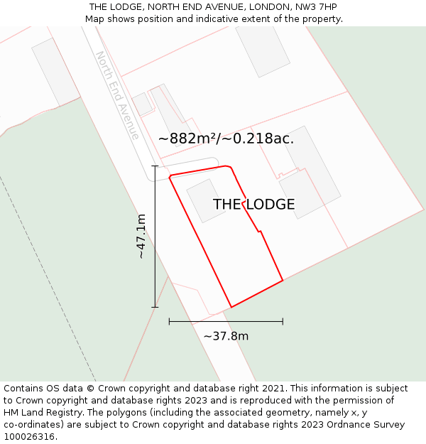 THE LODGE, NORTH END AVENUE, LONDON, NW3 7HP: Plot and title map