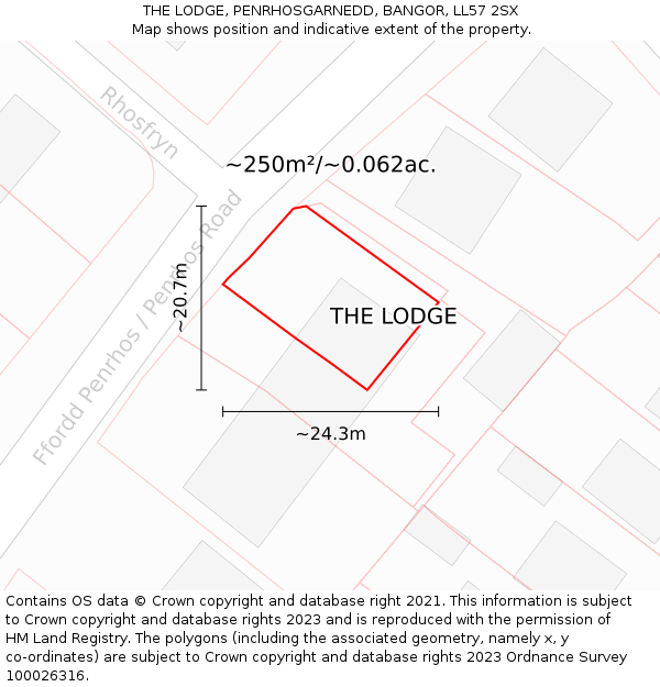 THE LODGE, PENRHOSGARNEDD, BANGOR, LL57 2SX: Plot and title map
