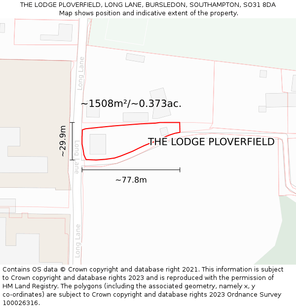 THE LODGE PLOVERFIELD, LONG LANE, BURSLEDON, SOUTHAMPTON, SO31 8DA: Plot and title map