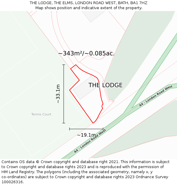 THE LODGE, THE ELMS, LONDON ROAD WEST, BATH, BA1 7HZ: Plot and title map