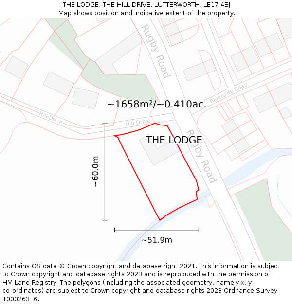 THE LODGE, THE HILL DRIVE, LUTTERWORTH, LE17 4BJ: Plot and title map