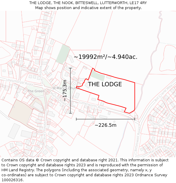 THE LODGE, THE NOOK, BITTESWELL, LUTTERWORTH, LE17 4RY: Plot and title map