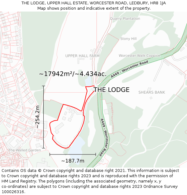 THE LODGE, UPPER HALL ESTATE, WORCESTER ROAD, LEDBURY, HR8 1JA: Plot and title map