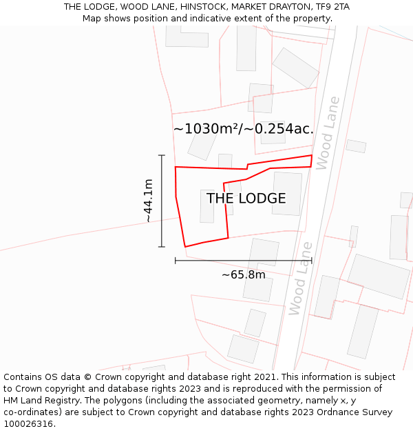 THE LODGE, WOOD LANE, HINSTOCK, MARKET DRAYTON, TF9 2TA: Plot and title map