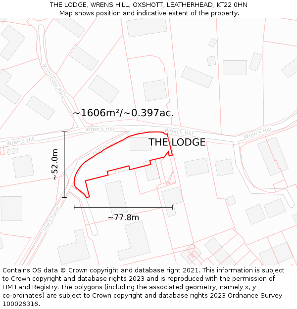 THE LODGE, WRENS HILL, OXSHOTT, LEATHERHEAD, KT22 0HN: Plot and title map