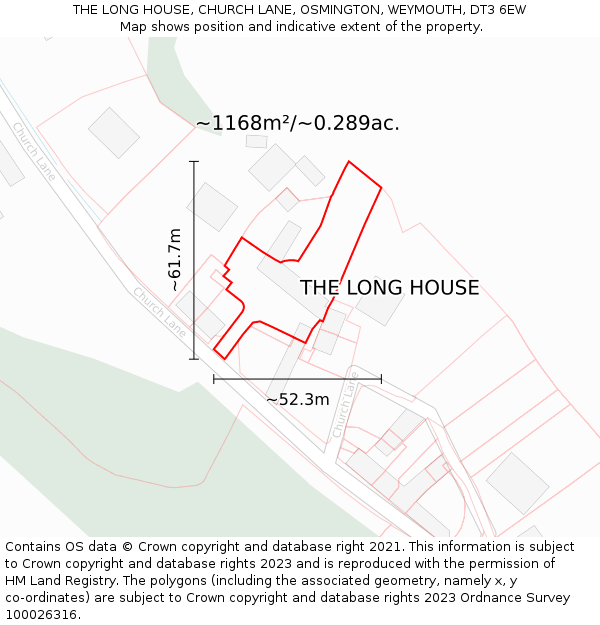 THE LONG HOUSE, CHURCH LANE, OSMINGTON, WEYMOUTH, DT3 6EW: Plot and title map