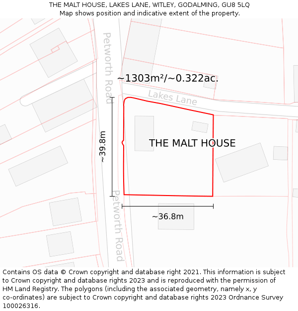 THE MALT HOUSE, LAKES LANE, WITLEY, GODALMING, GU8 5LQ: Plot and title map
