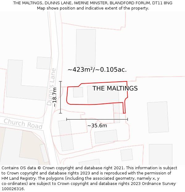 THE MALTINGS, DUNNS LANE, IWERNE MINSTER, BLANDFORD FORUM, DT11 8NG: Plot and title map