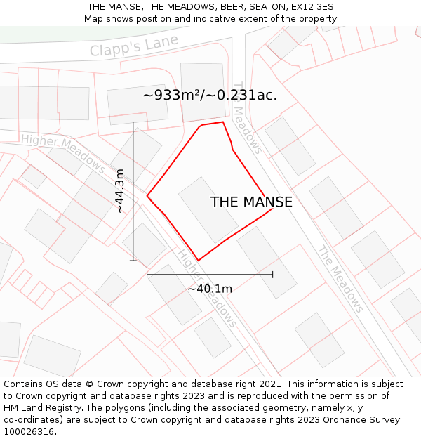 THE MANSE, THE MEADOWS, BEER, SEATON, EX12 3ES: Plot and title map