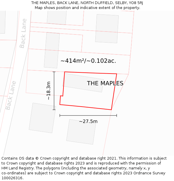 THE MAPLES, BACK LANE, NORTH DUFFIELD, SELBY, YO8 5RJ: Plot and title map