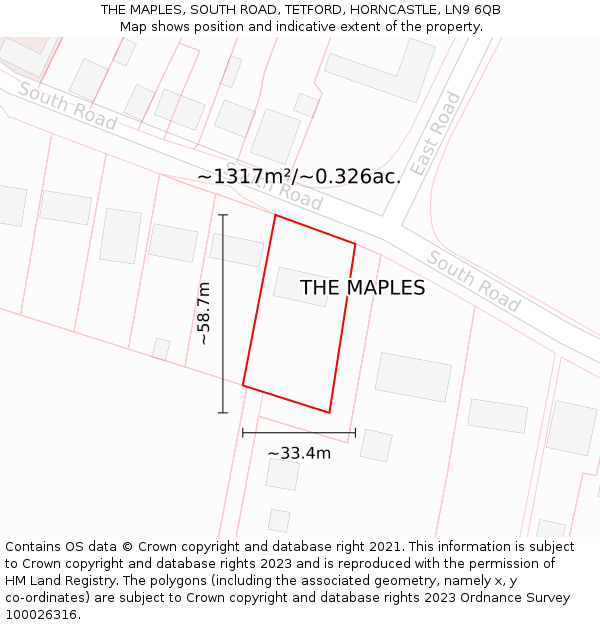 THE MAPLES, SOUTH ROAD, TETFORD, HORNCASTLE, LN9 6QB: Plot and title map