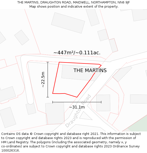 THE MARTINS, DRAUGHTON ROAD, MAIDWELL, NORTHAMPTON, NN6 9JF: Plot and title map