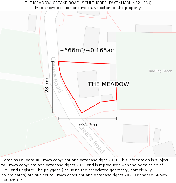 THE MEADOW, CREAKE ROAD, SCULTHORPE, FAKENHAM, NR21 9NQ: Plot and title map