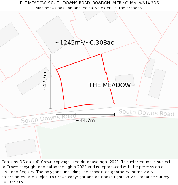 THE MEADOW, SOUTH DOWNS ROAD, BOWDON, ALTRINCHAM, WA14 3DS: Plot and title map