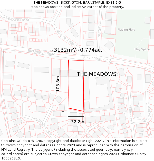 THE MEADOWS, BICKINGTON, BARNSTAPLE, EX31 2JG: Plot and title map