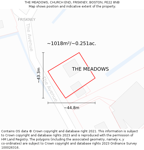 THE MEADOWS, CHURCH END, FRISKNEY, BOSTON, PE22 8NB: Plot and title map