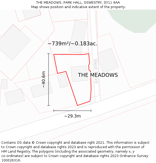 THE MEADOWS, PARK HALL, OSWESTRY, SY11 4AA: Plot and title map