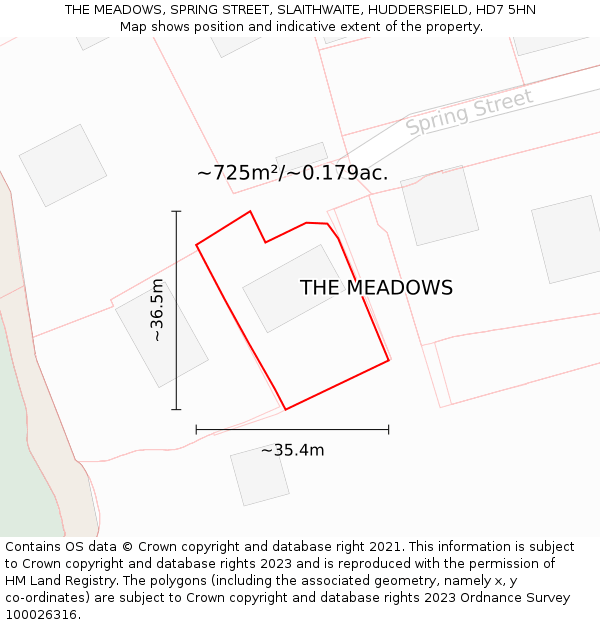 THE MEADOWS, SPRING STREET, SLAITHWAITE, HUDDERSFIELD, HD7 5HN: Plot and title map