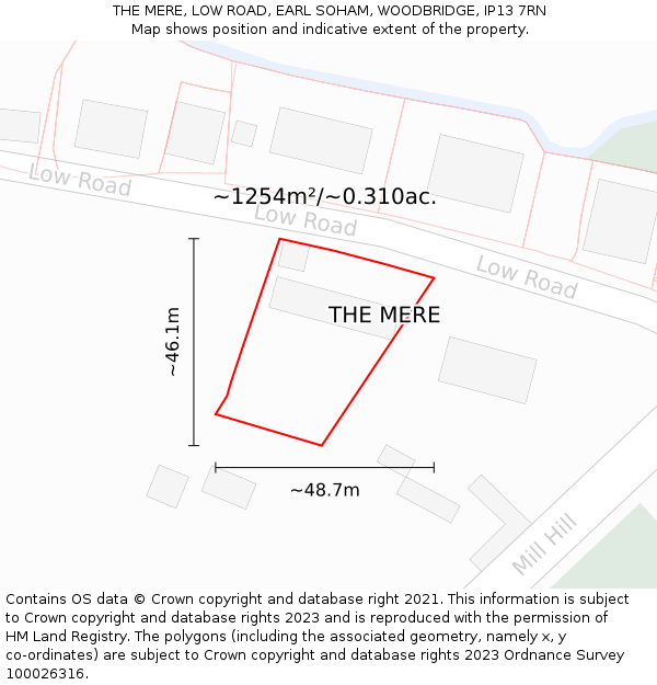 THE MERE, LOW ROAD, EARL SOHAM, WOODBRIDGE, IP13 7RN: Plot and title map