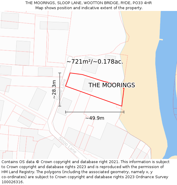 THE MOORINGS, SLOOP LANE, WOOTTON BRIDGE, RYDE, PO33 4HR: Plot and title map