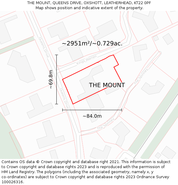 THE MOUNT, QUEENS DRIVE, OXSHOTT, LEATHERHEAD, KT22 0PF: Plot and title map