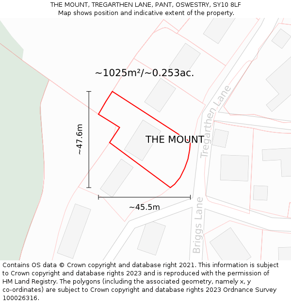 THE MOUNT, TREGARTHEN LANE, PANT, OSWESTRY, SY10 8LF: Plot and title map