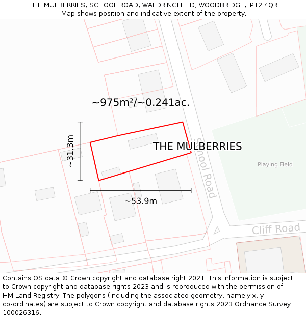 THE MULBERRIES, SCHOOL ROAD, WALDRINGFIELD, WOODBRIDGE, IP12 4QR: Plot and title map
