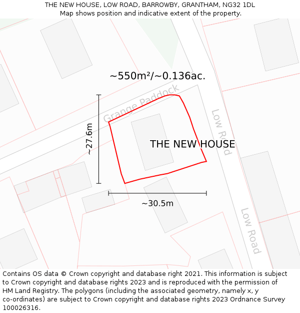 THE NEW HOUSE, LOW ROAD, BARROWBY, GRANTHAM, NG32 1DL: Plot and title map