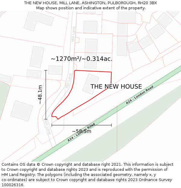THE NEW HOUSE, MILL LANE, ASHINGTON, PULBOROUGH, RH20 3BX: Plot and title map