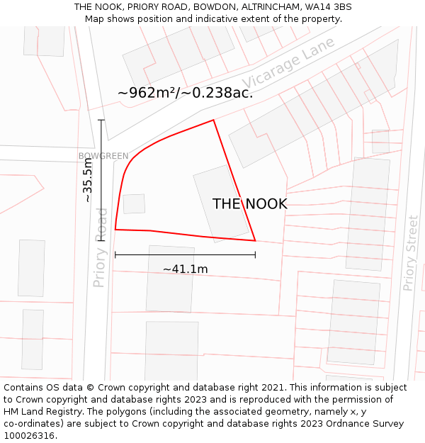 THE NOOK, PRIORY ROAD, BOWDON, ALTRINCHAM, WA14 3BS: Plot and title map