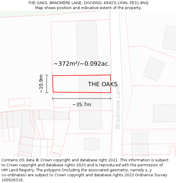 THE OAKS, BRADMERE LANE, DOCKING, KING'S LYNN, PE31 8NQ: Plot and title map