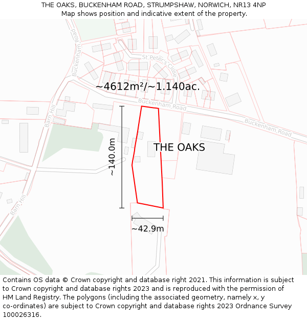 THE OAKS, BUCKENHAM ROAD, STRUMPSHAW, NORWICH, NR13 4NP: Plot and title map