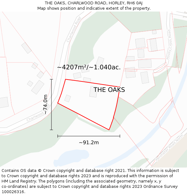 THE OAKS, CHARLWOOD ROAD, HORLEY, RH6 0AJ: Plot and title map