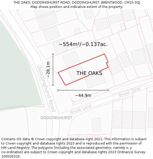 THE OAKS, DODDINGHURST ROAD, DODDINGHURST, BRENTWOOD, CM15 0QJ: Plot and title map