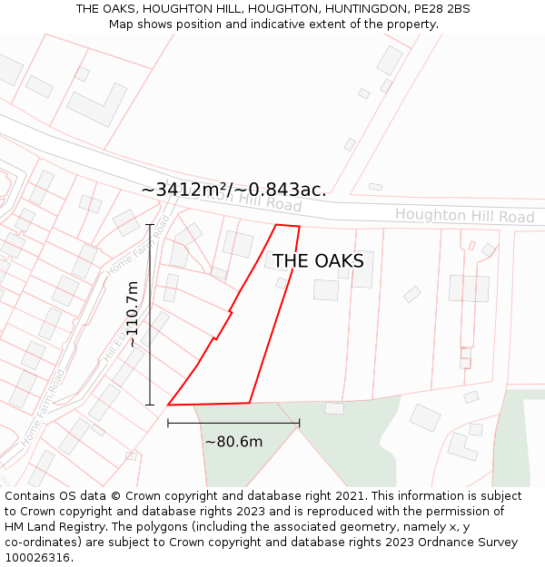 THE OAKS, HOUGHTON HILL, HOUGHTON, HUNTINGDON, PE28 2BS: Plot and title map